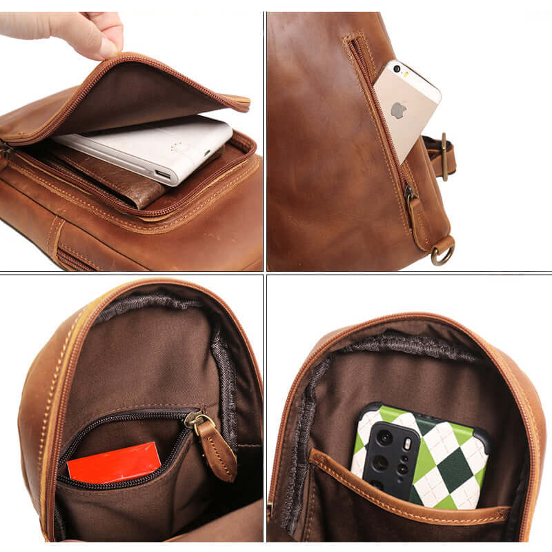 Zipper detail of brown leather sling bag