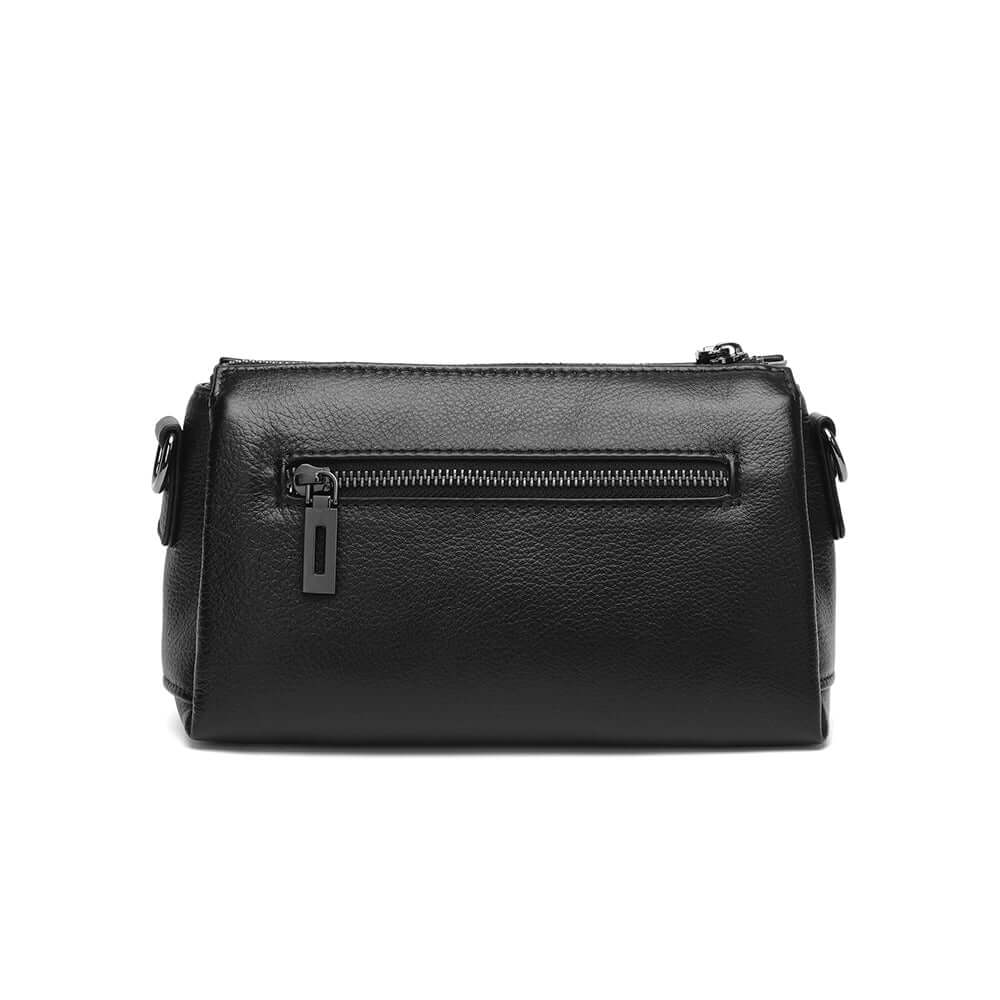 Back view of women’s small black genuine leather bag.