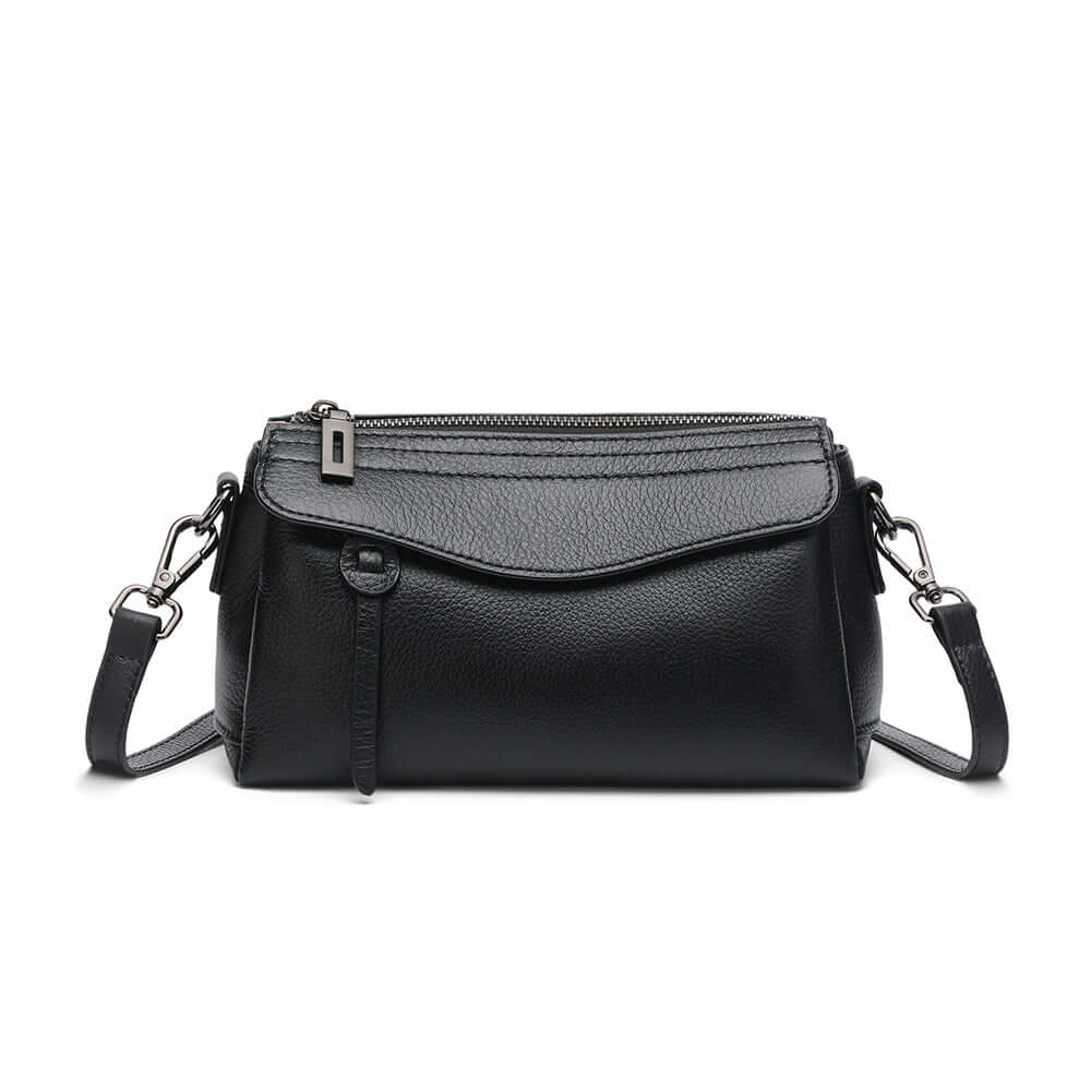 Black small genuine leather crossbody bag front view for women