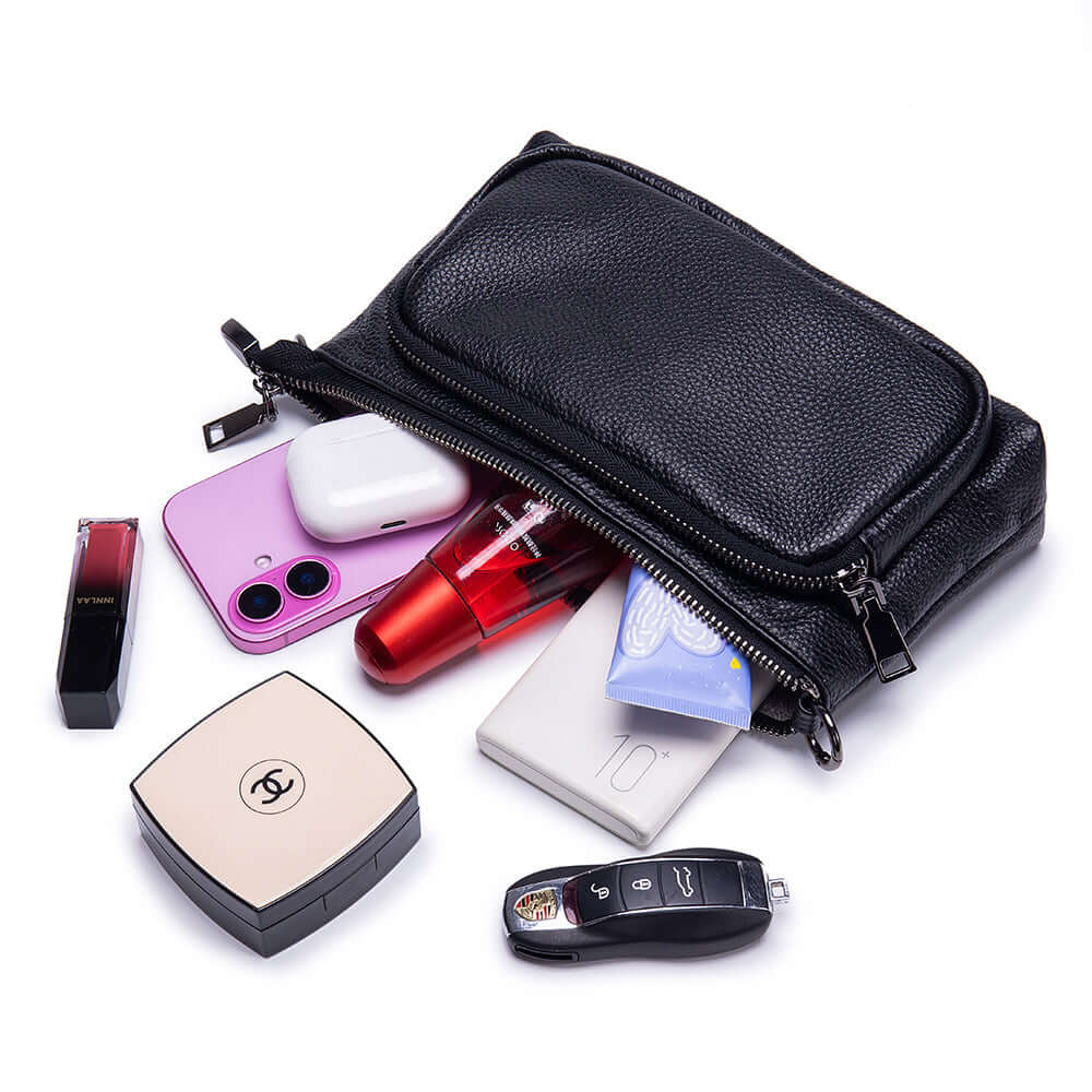 Leather small crossbody handbag with daily items