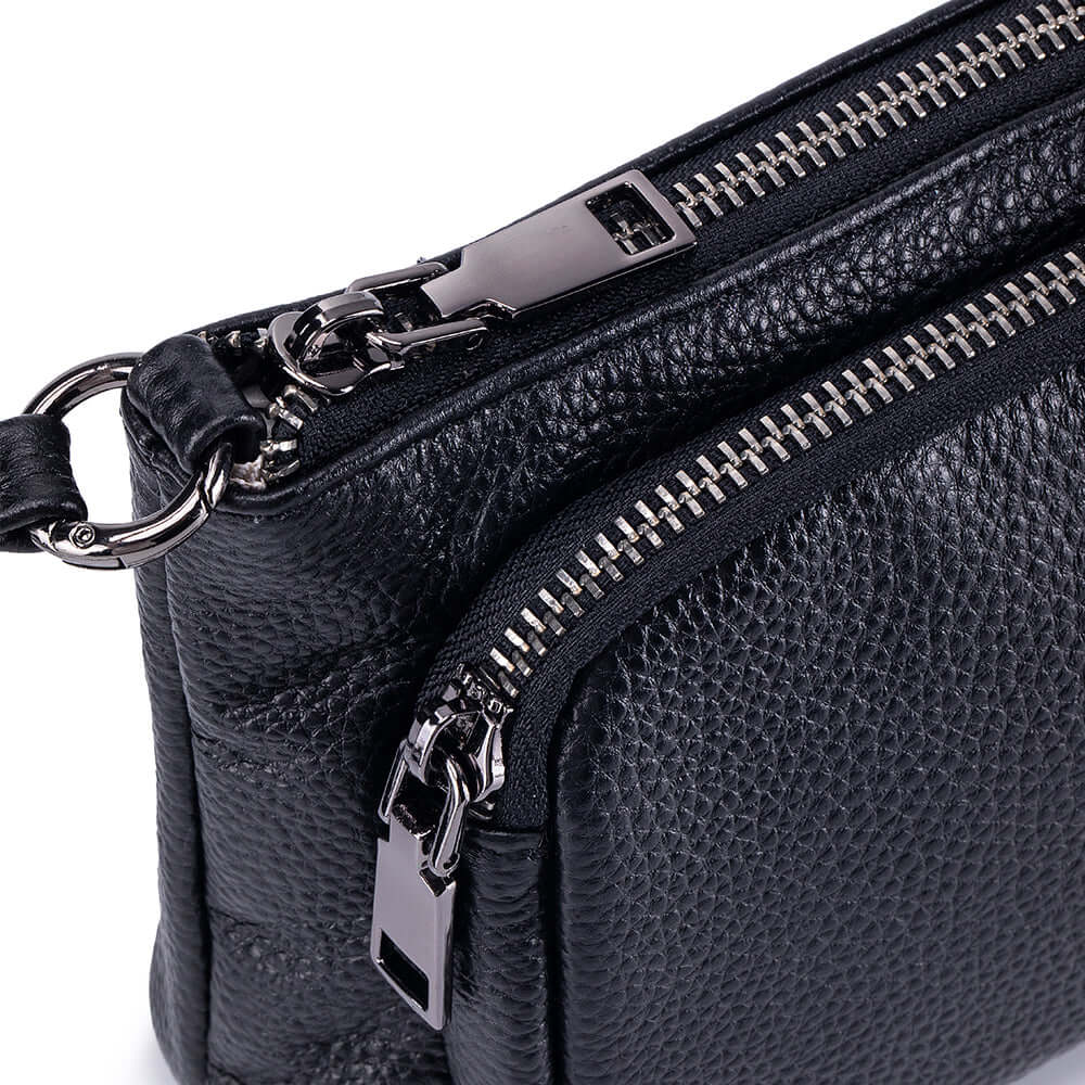 Detailed close-up of leather small crossbody bag