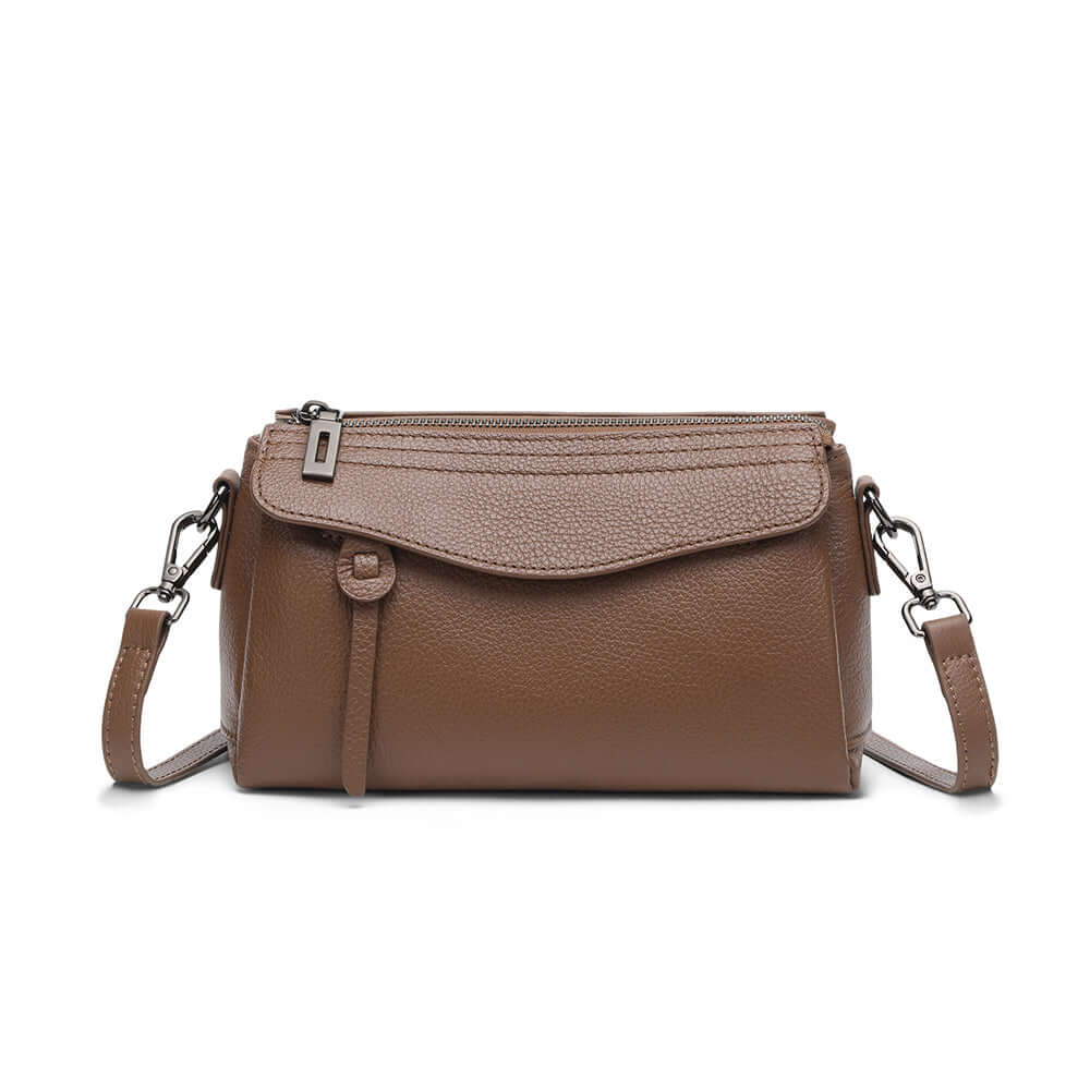 Coffee small genuine leather crossbody bag front view for women.