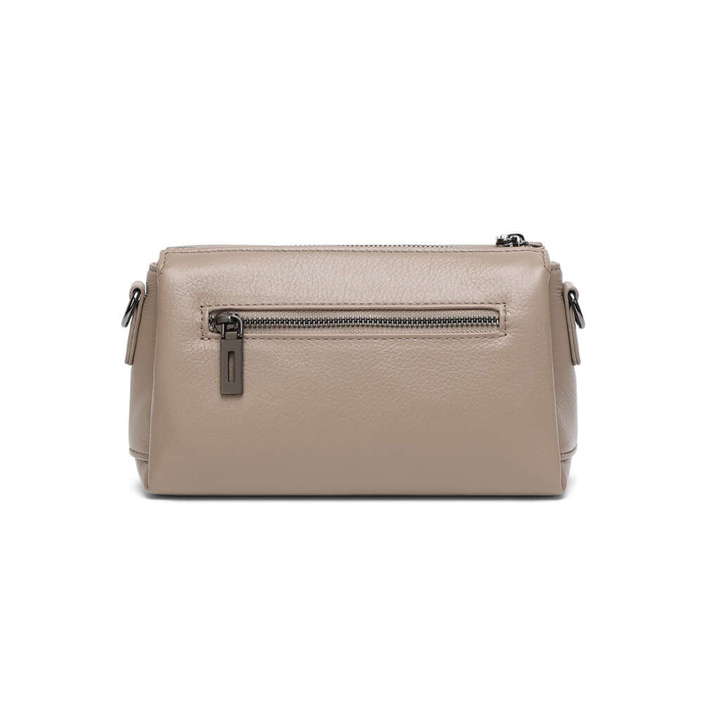 Back view of women’s small taupe genuine leather bag.