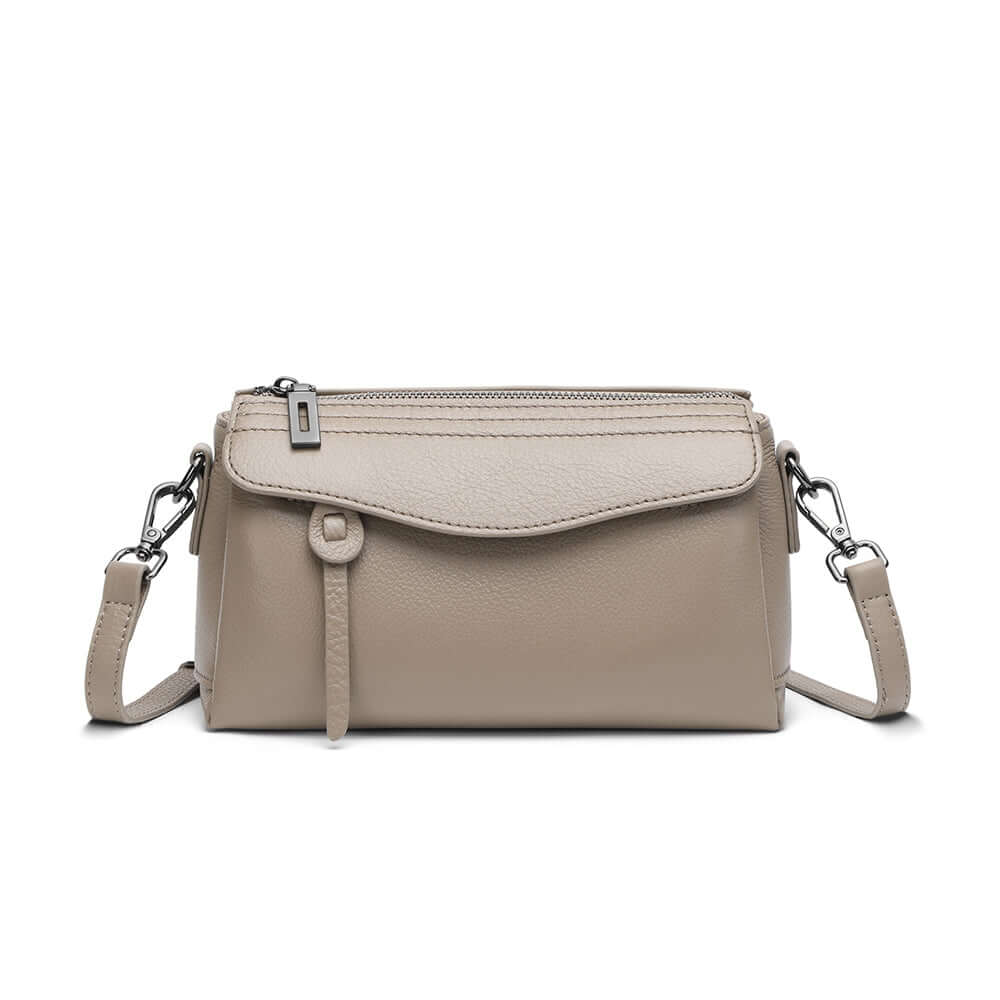 Taupe small genuine leather crossbody bag front view for women