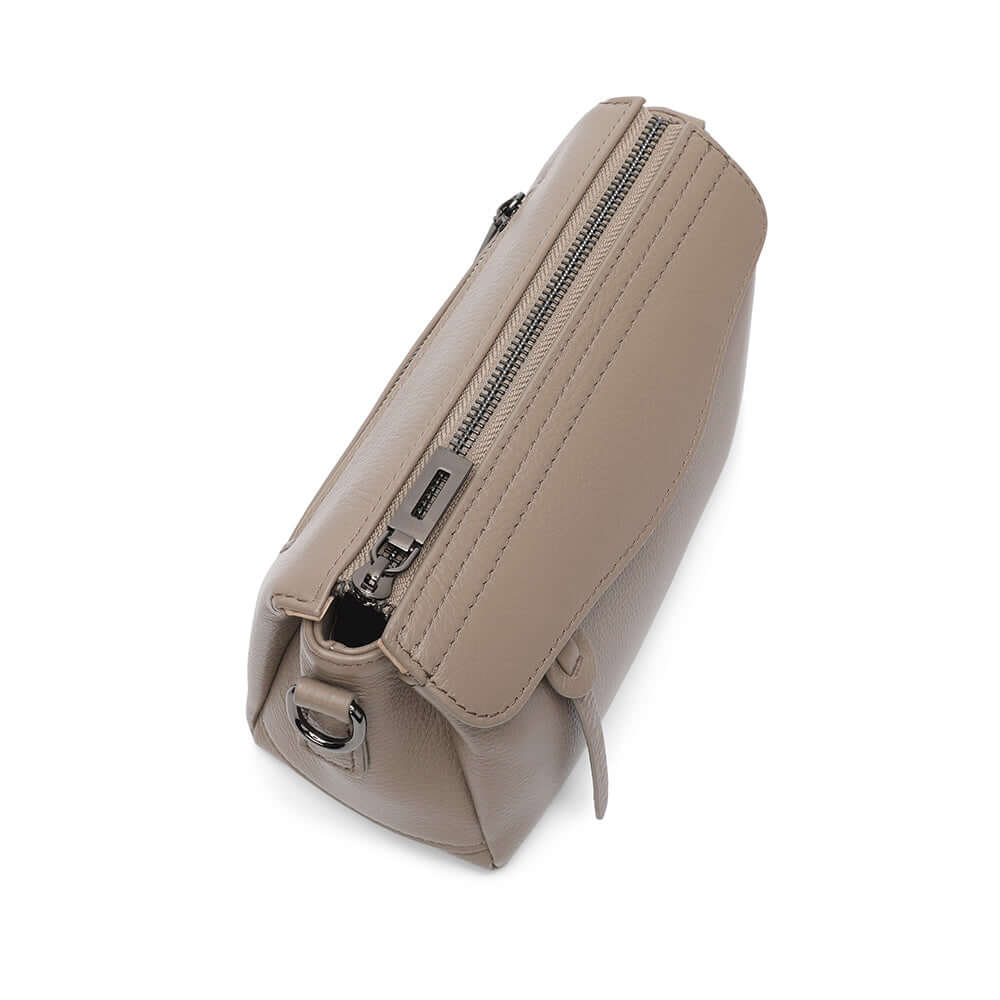 Top zipper design of compact women’s taupe leather crossbody bag