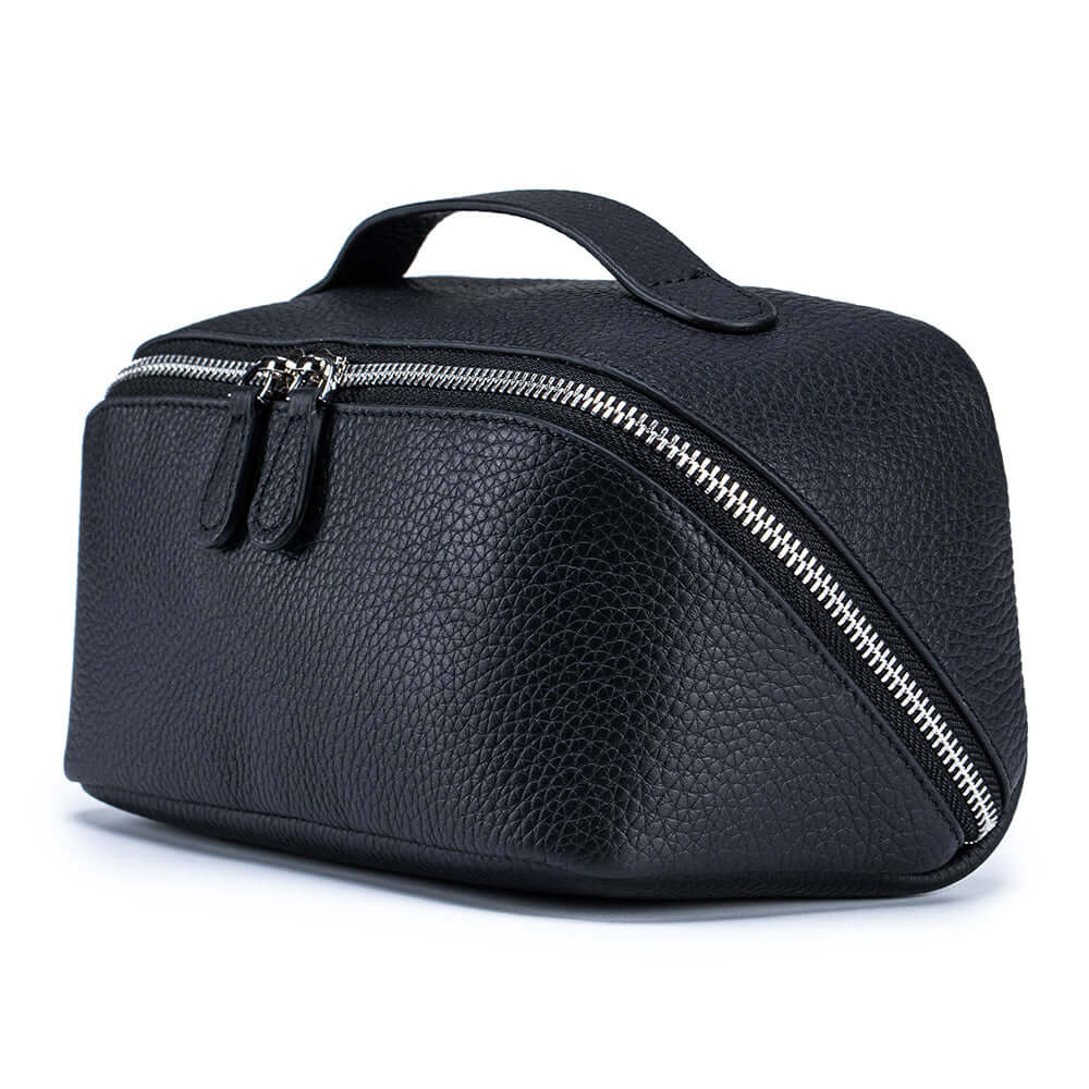 Black leather toiletry bag angled design