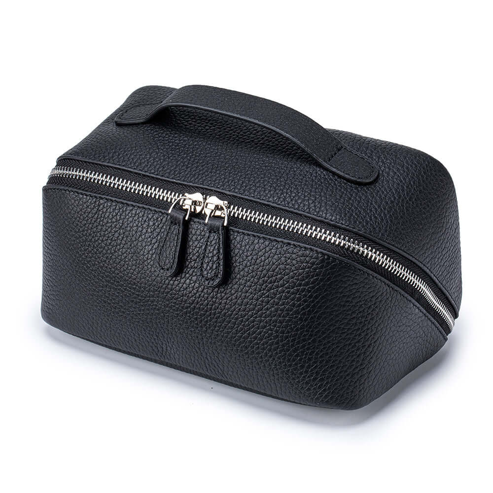 Leather toiletry bag front view in black