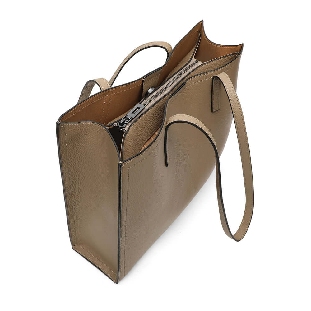 Angled view of leather tote bag