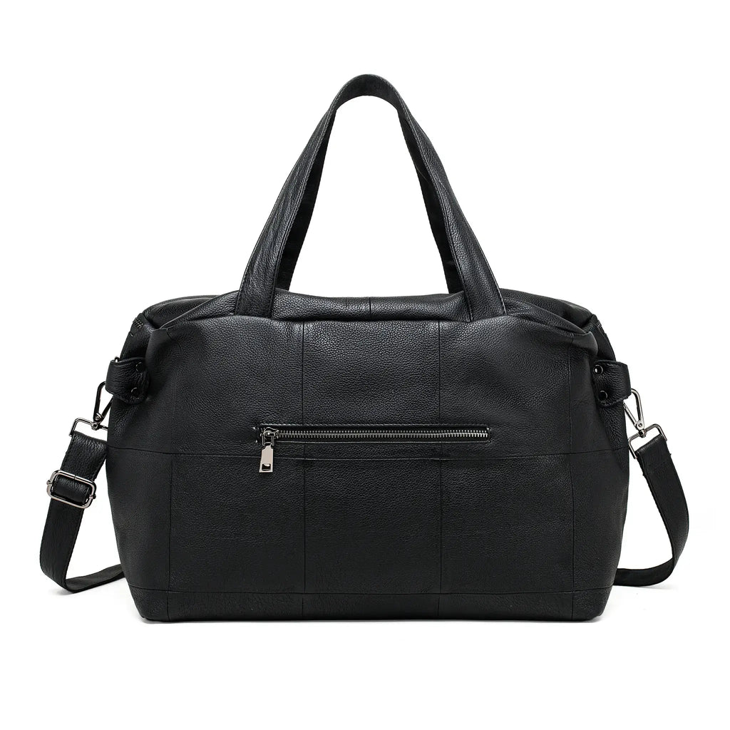 Back view of black leather tote bag with soft texture