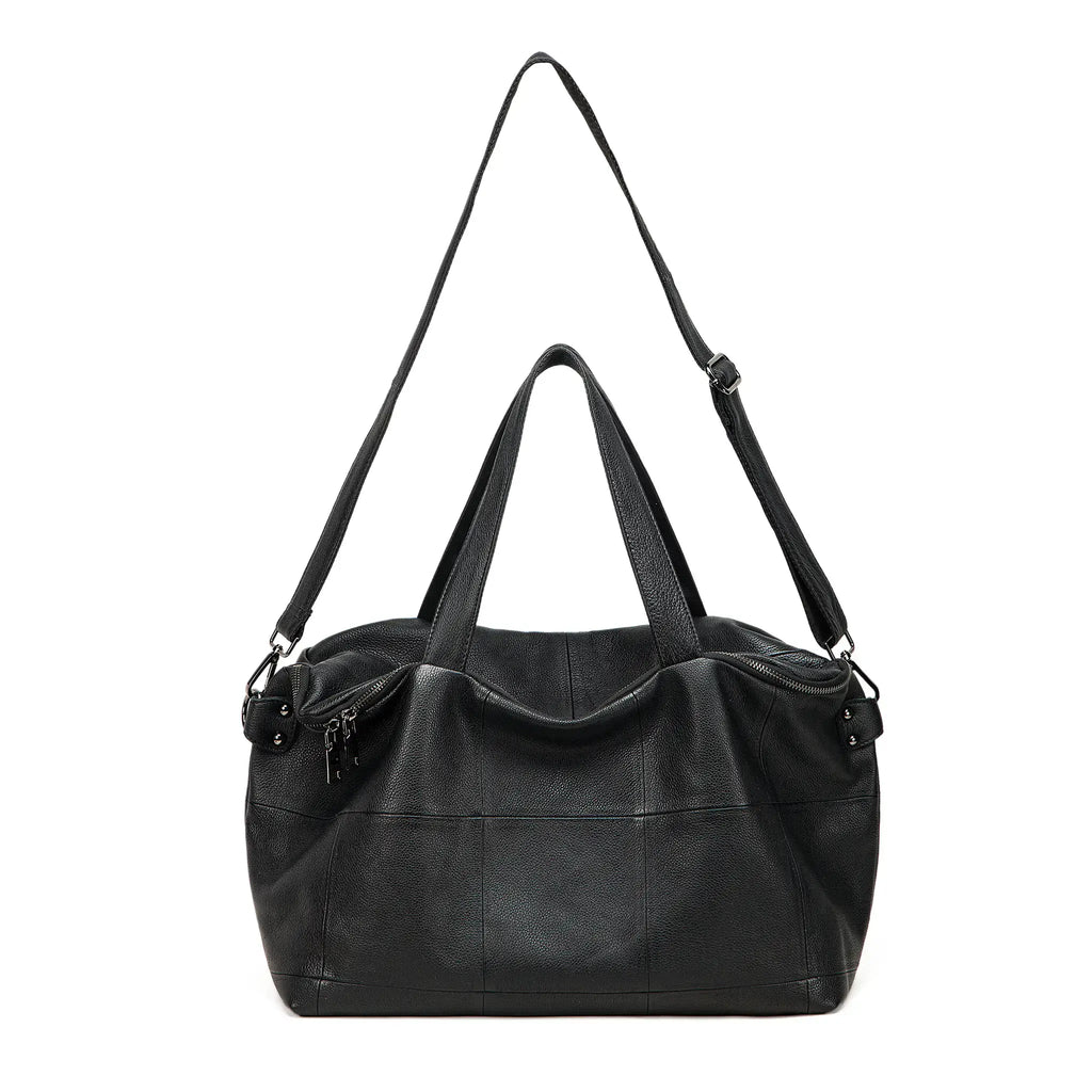 Large capacity genuine leather tote with multiple compartments