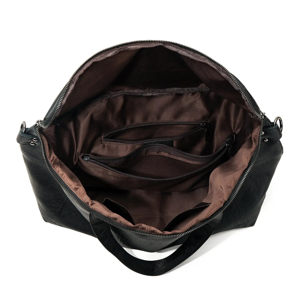 Open top showing spacious interior of tote bag