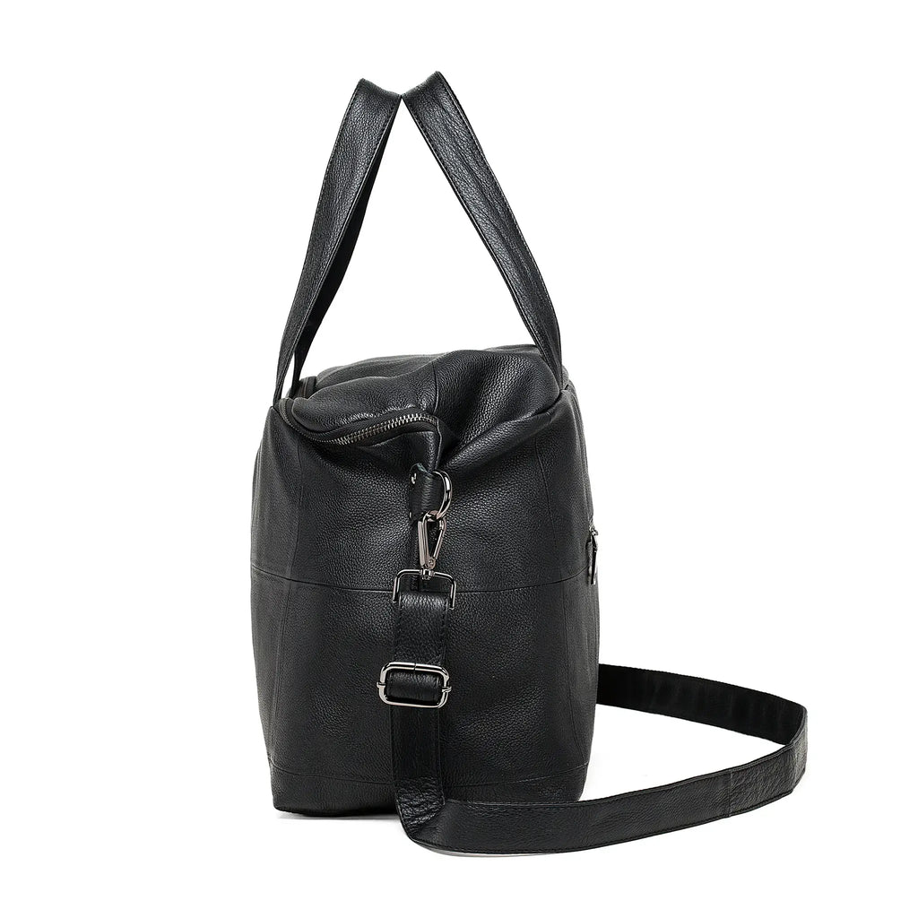 Side view of full-grain leather tote bag for women