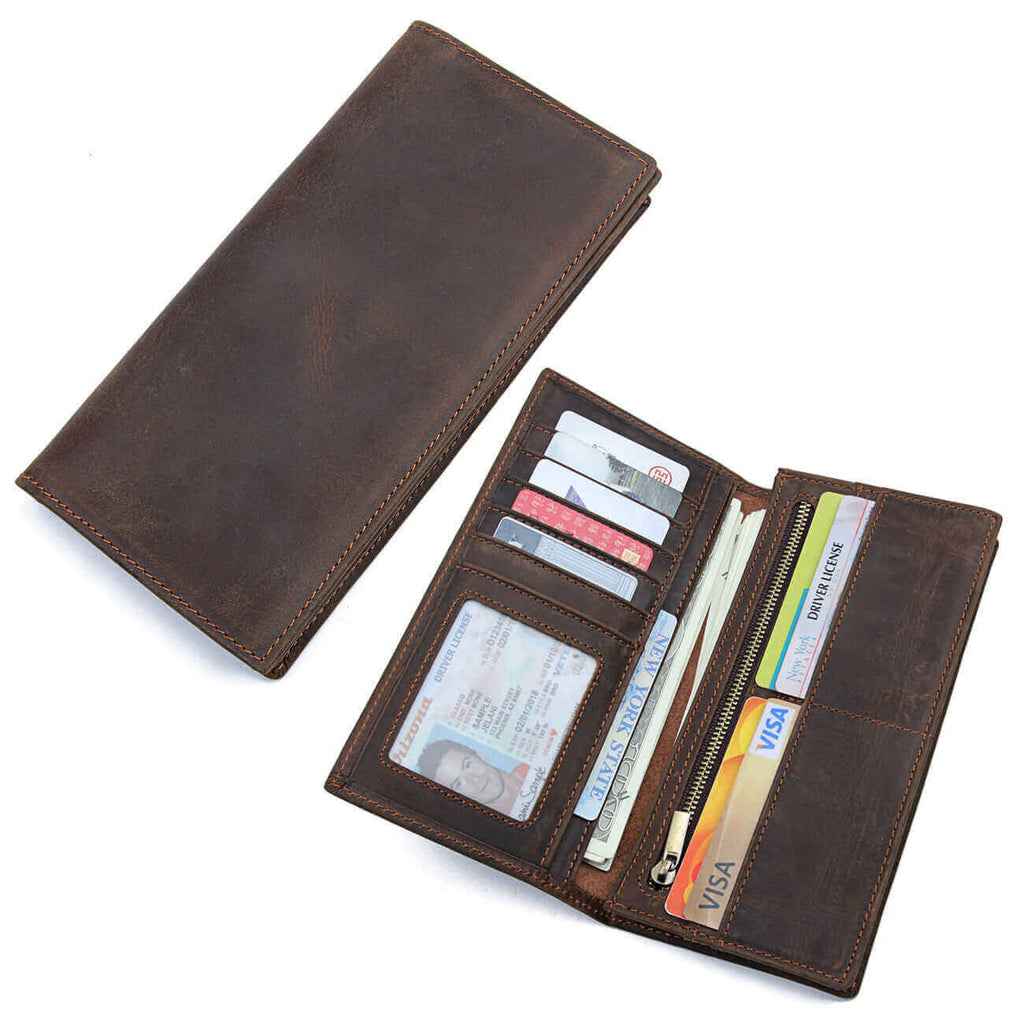 Brown genuine leather wallet with a classic, slim design.