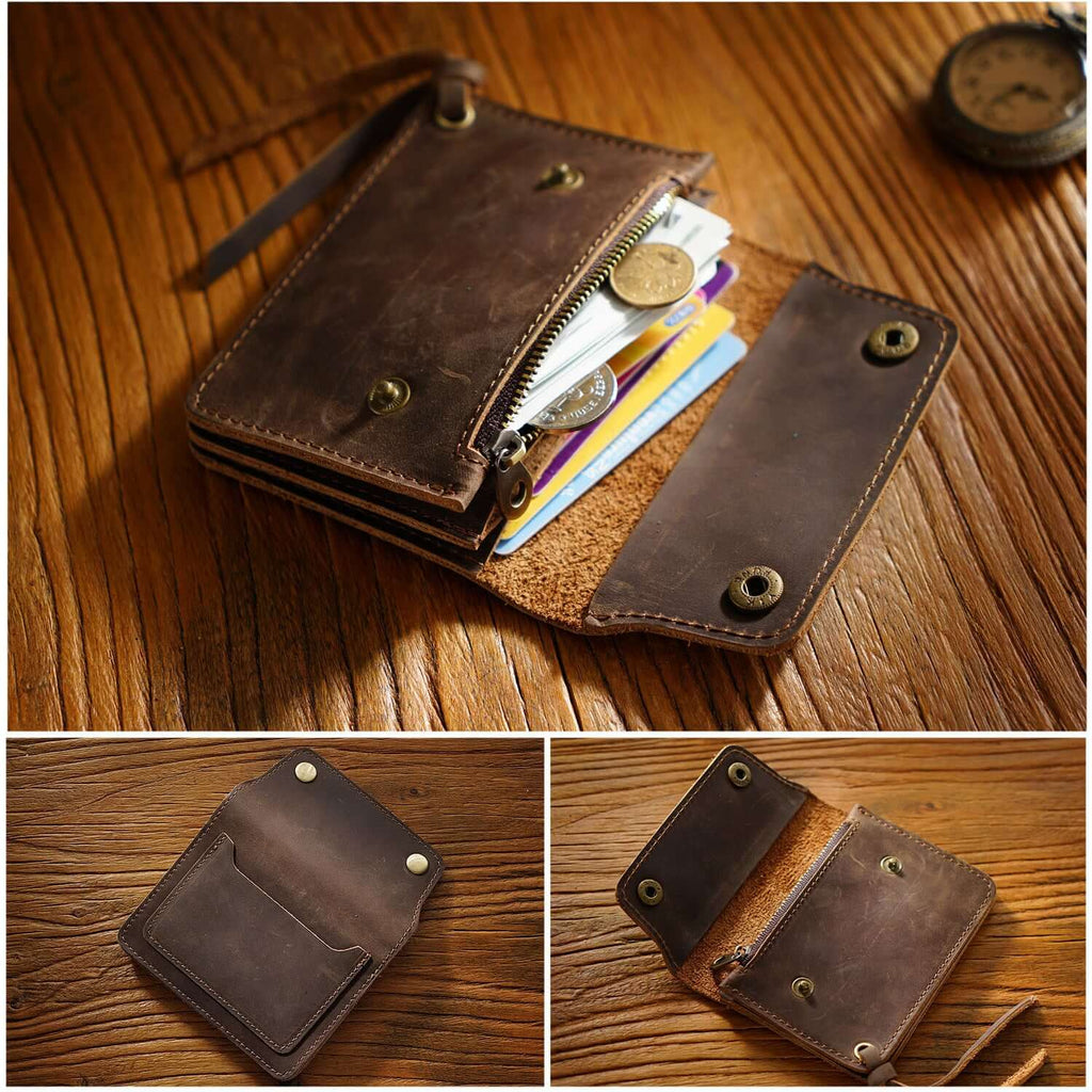 Detailed shot of wallet’s brass zip and high-quality leather grain.