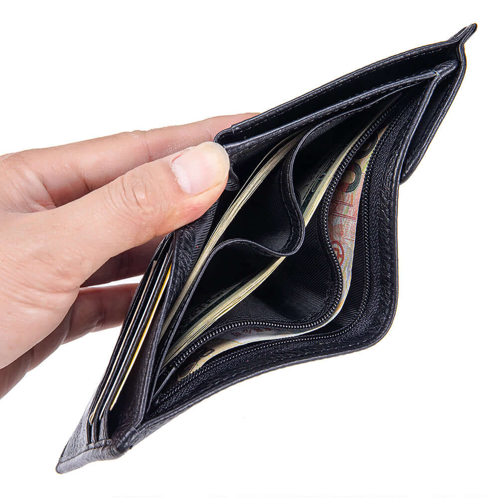 Bifold wallet with cash and cards displayed
