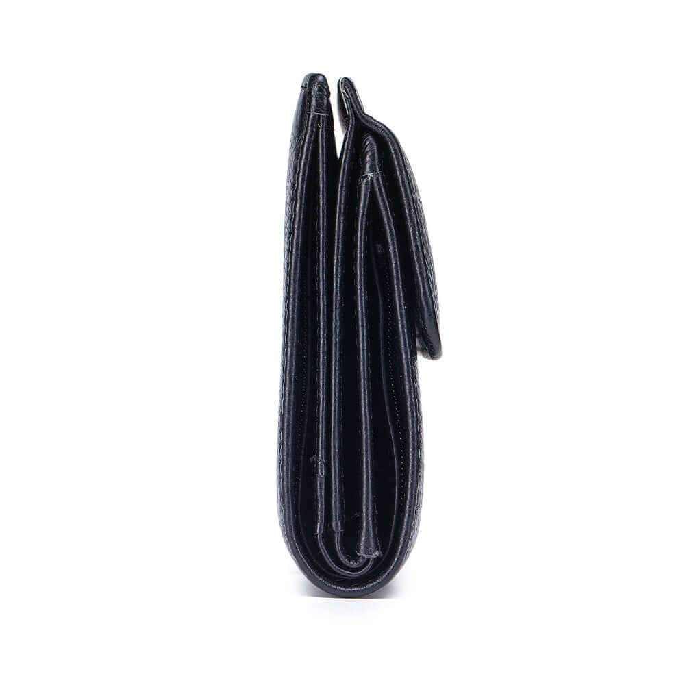 Side angle view of folded leather wallet