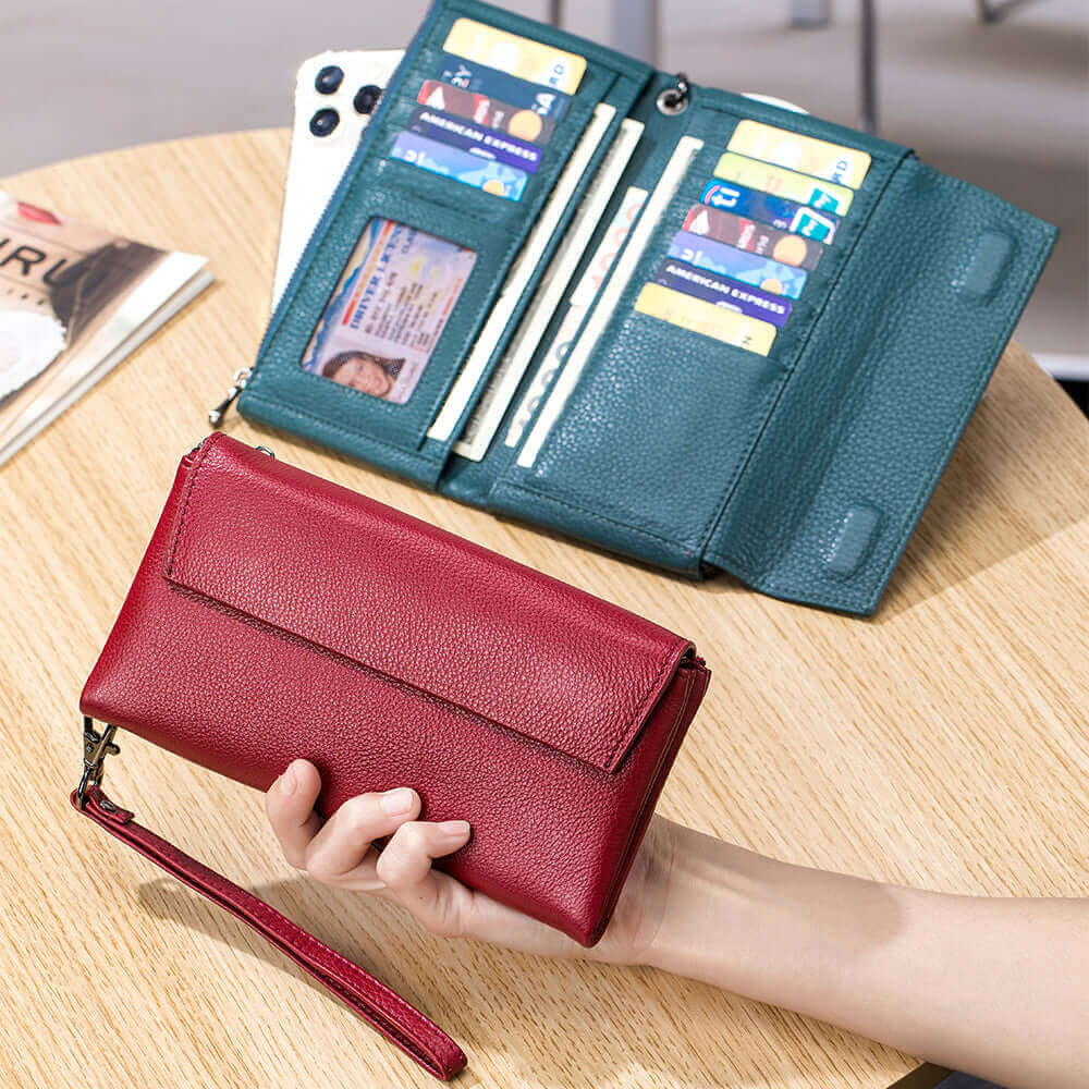 Leather wallet with 12 card slots, 1 ID window, and 2 banknote compartments.