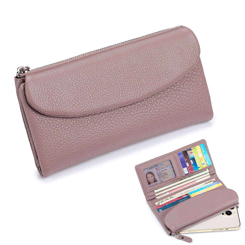 Leather wallet with 10 card slots, 1 ID window, and 3 banknote compartments.