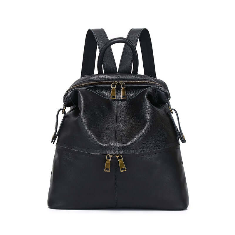 Front view of black leather women's backpack