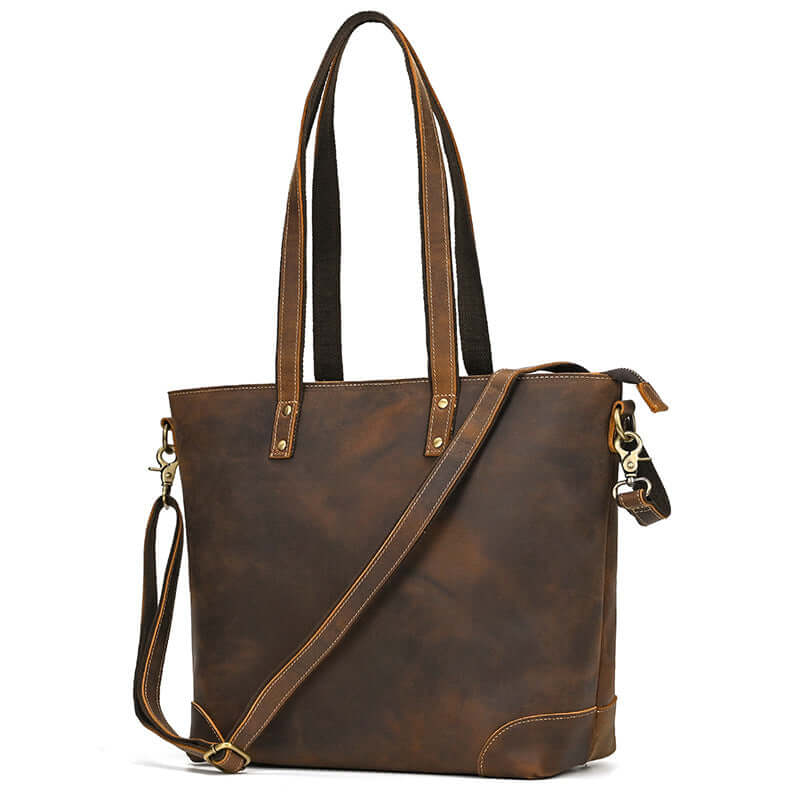 Front view of brown leather tote for work