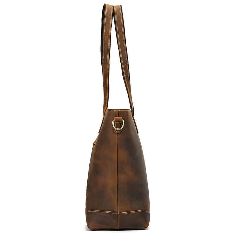 Side angle of large leather work handbag