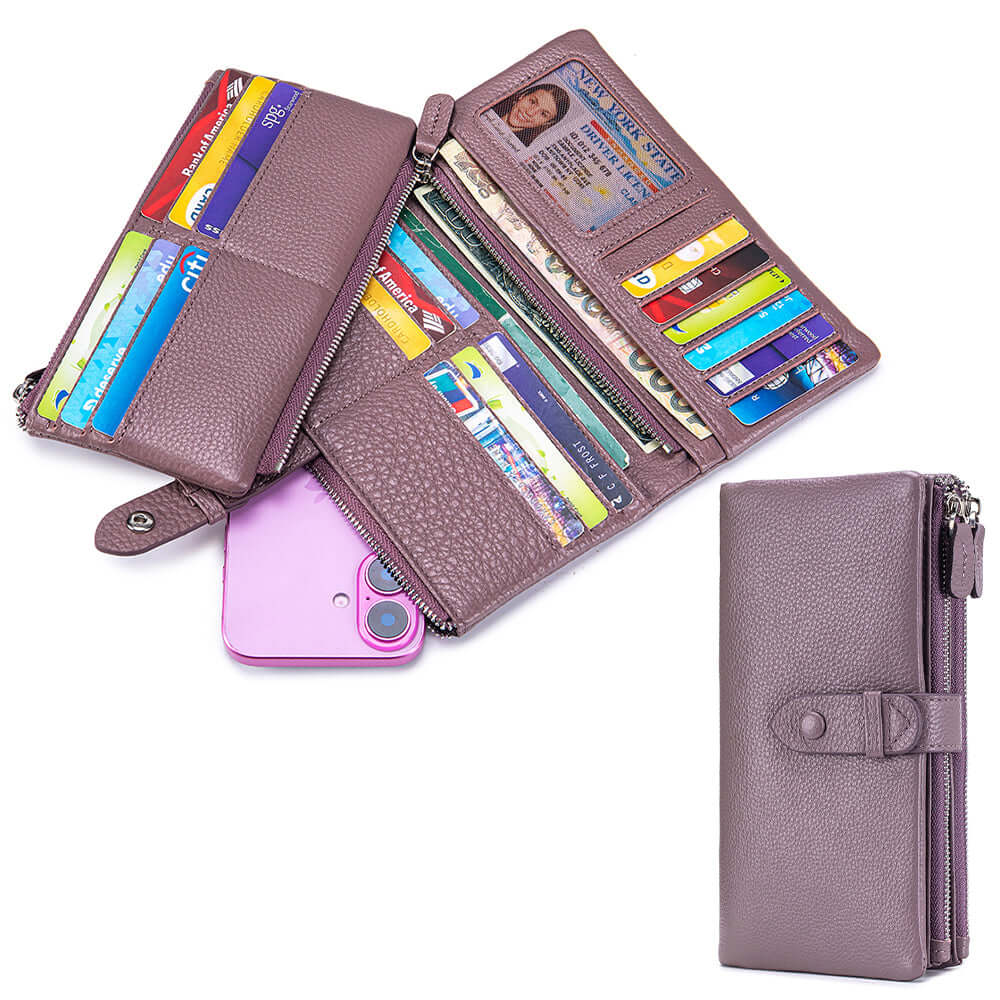 Light purple wallet with card slots and a pink phone 