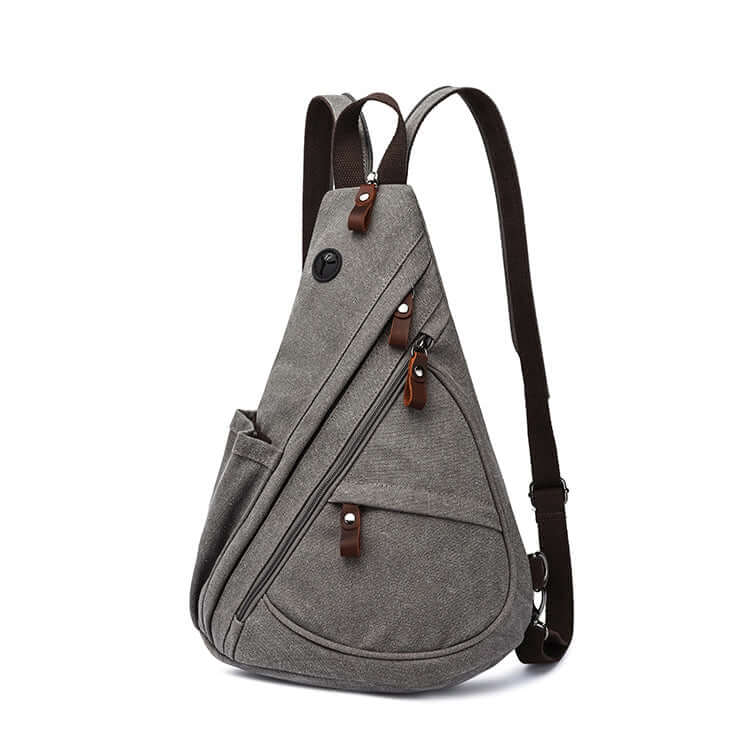 Light grey crossbody sling bag with unique triangle shape