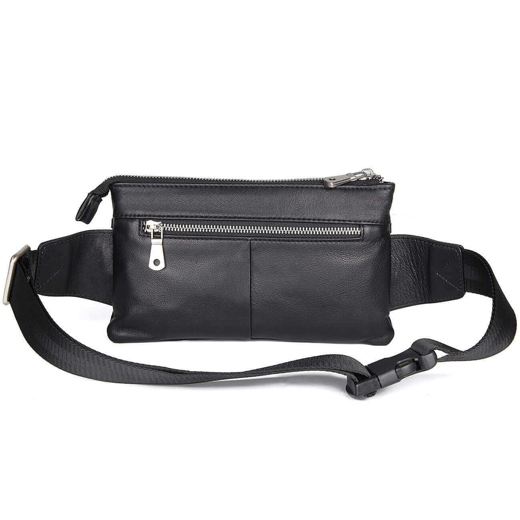 Lightweight black leather waist bag available in NZ.