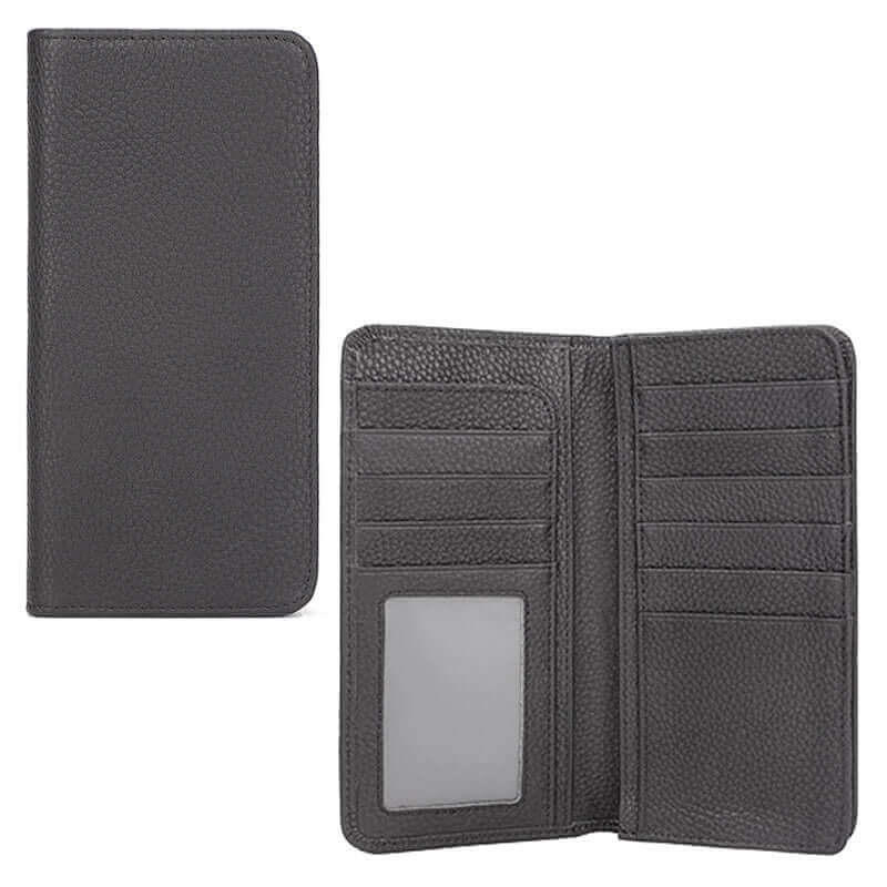 Long black leather wallet showing spacious pockets and card slots.