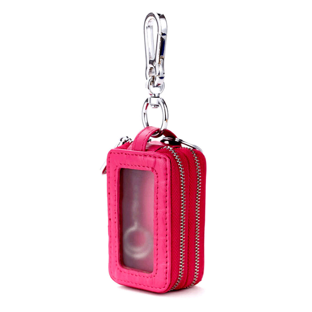 Front view of the luxury leather car key case with a dual zipper.