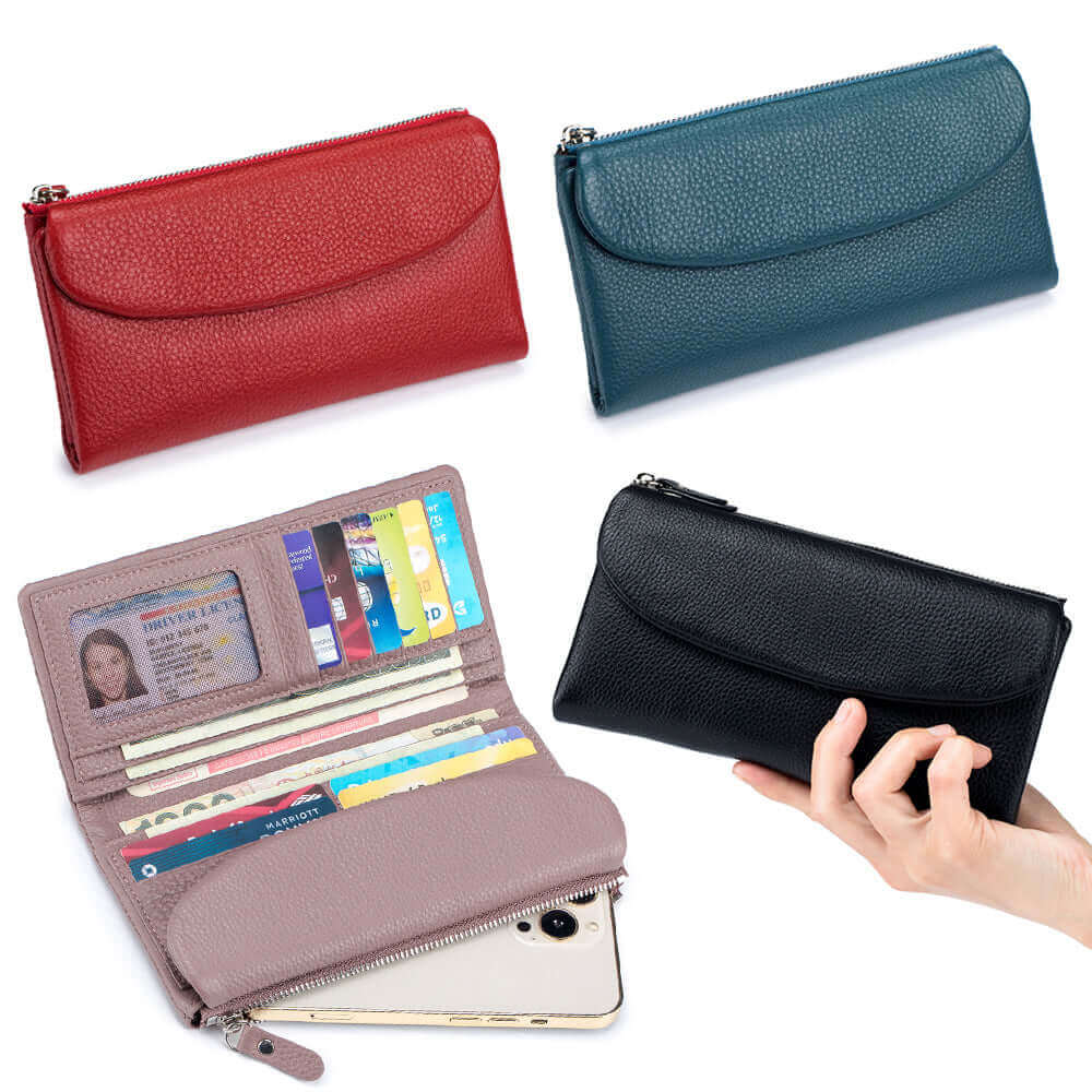 Luxury leather long wallet available in red, blue, and black colors.