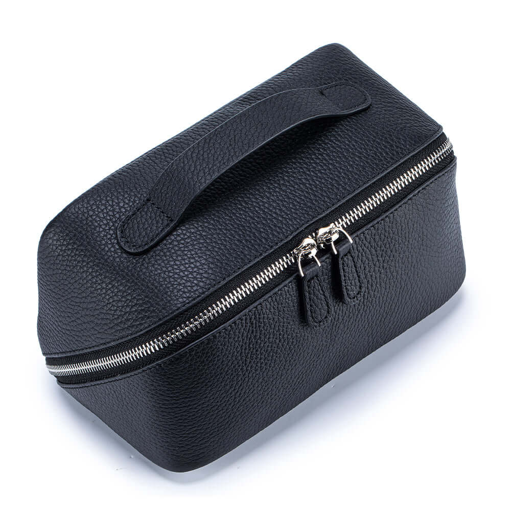 Leather makeup bag with top handle