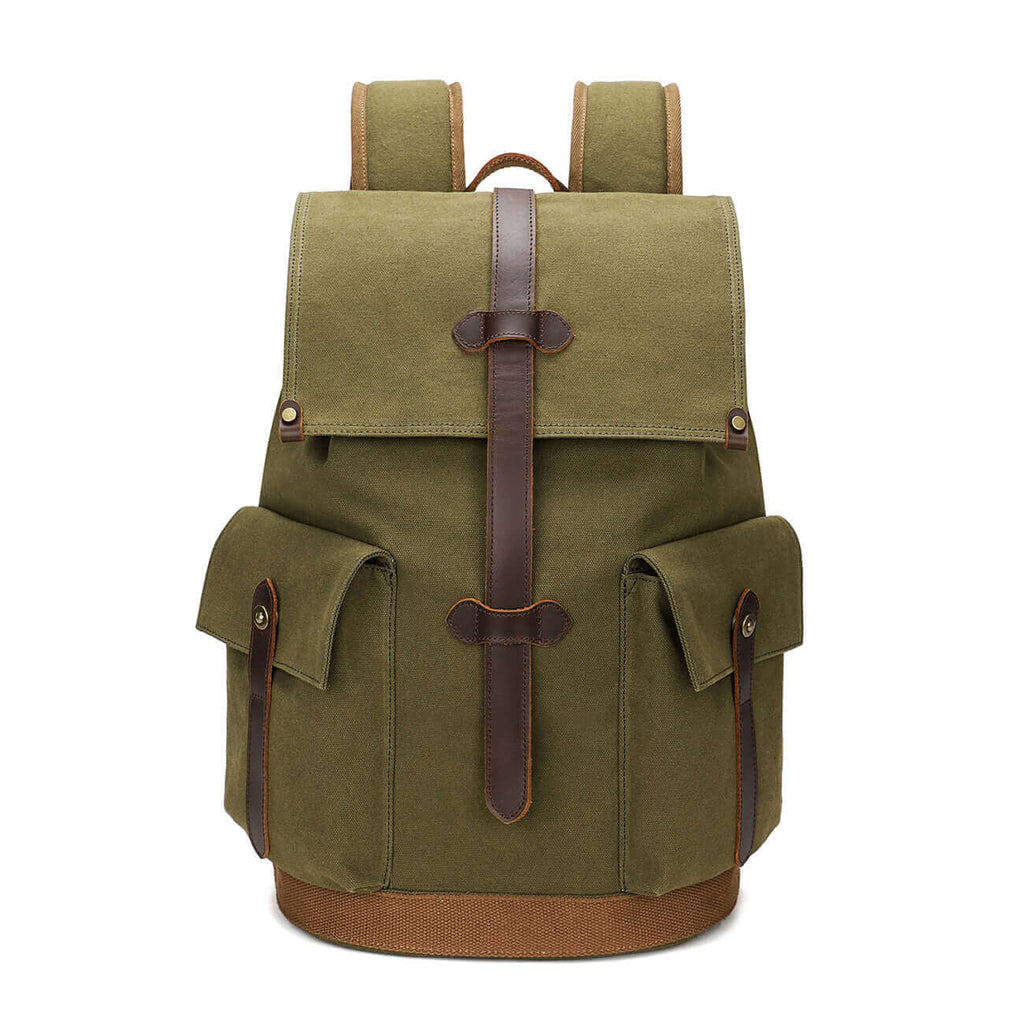 Men's canvas backpack with multiple pockets, providing organized storage for daily essentials.