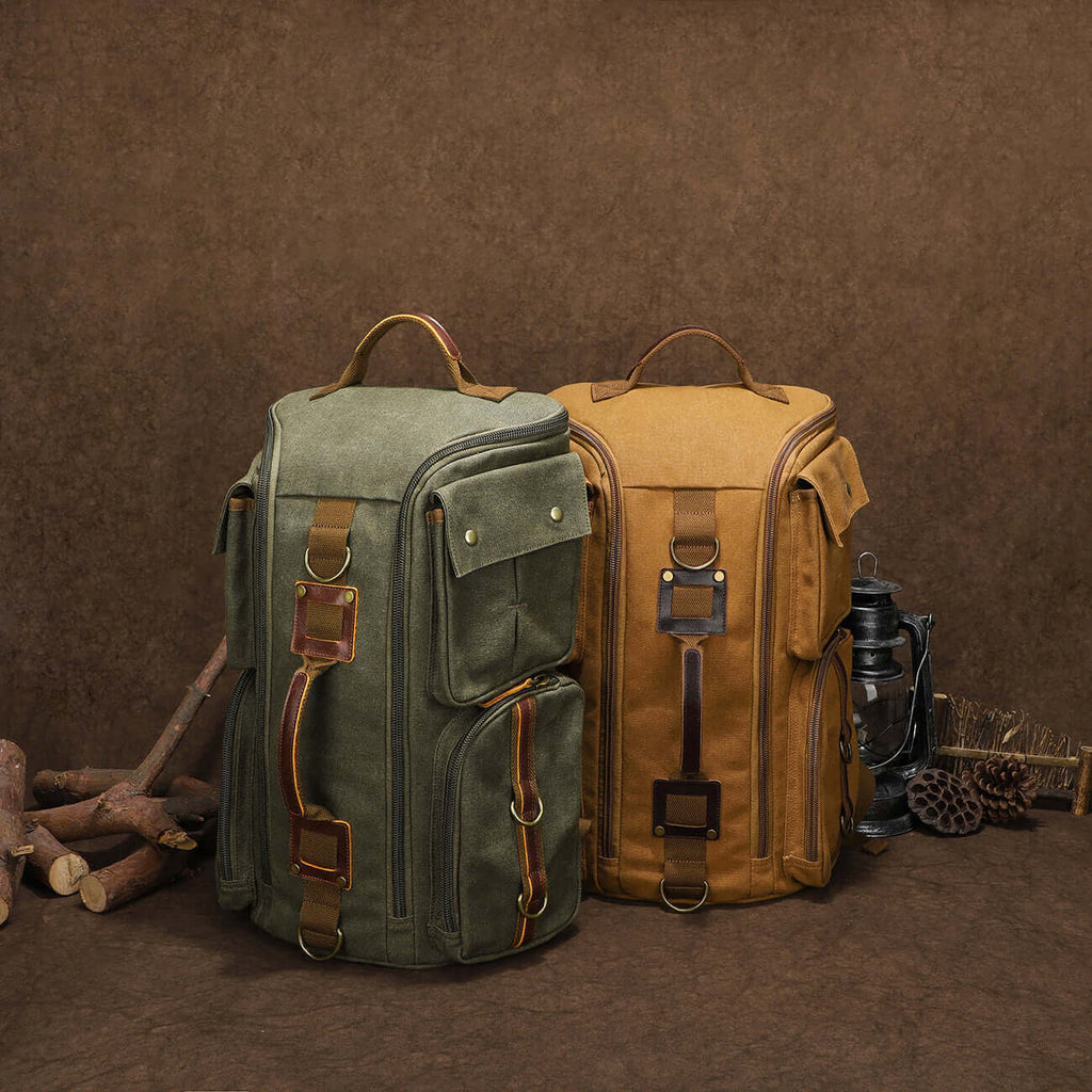 Men's canvas laptop backpack with durable build and leather straps.