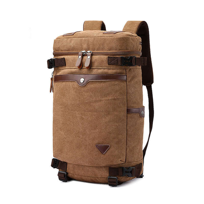 Men's canvas travel backpack with durable construction and spacious compartments.