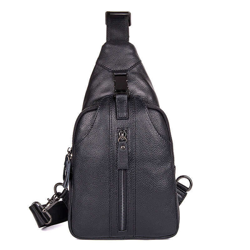 Front view of a stylish genuine leather sling bag for men and women.