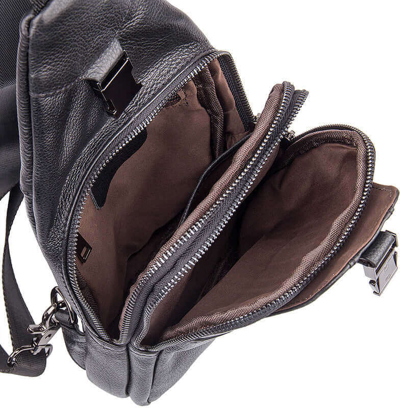 Open view of the men's genuine leather sling bag.