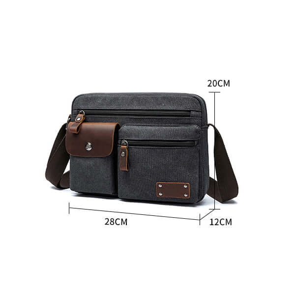 Size display of the travel-friendly canvas crossbody bag for men and women.