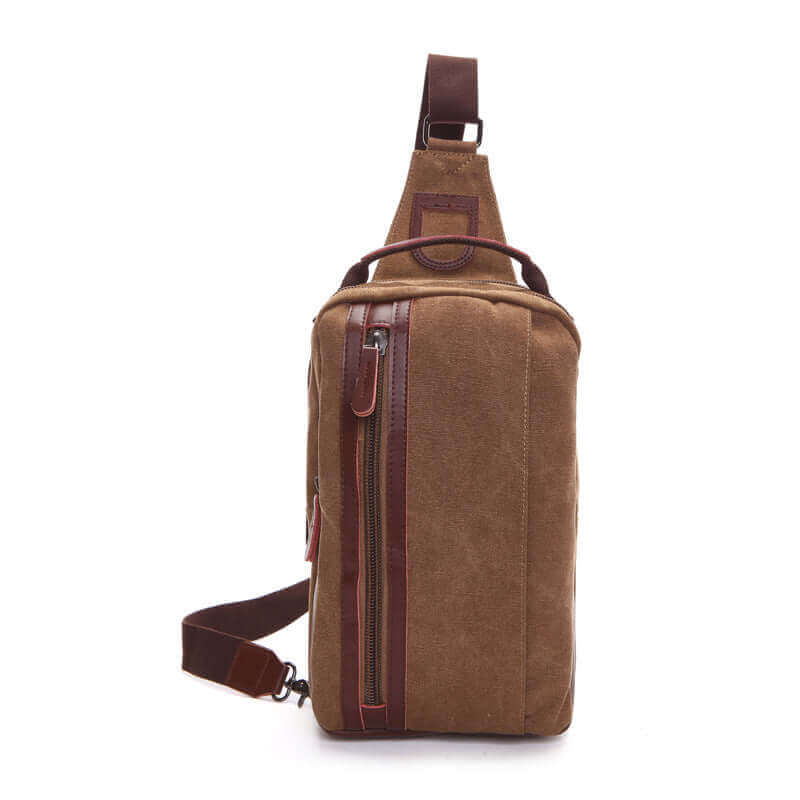 Men's canvas chest sling bag front view showcasing durable design and multiple compartments.