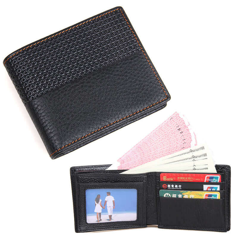 Front view of men's black embossed genuine leather wallet