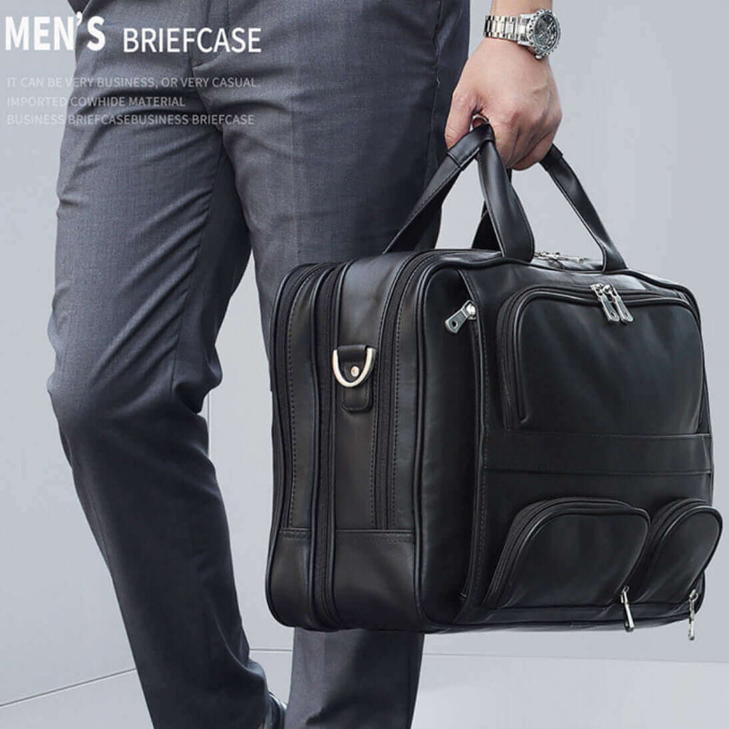 Leather business briefcase for men, 17-inch laptop capacity, black color.