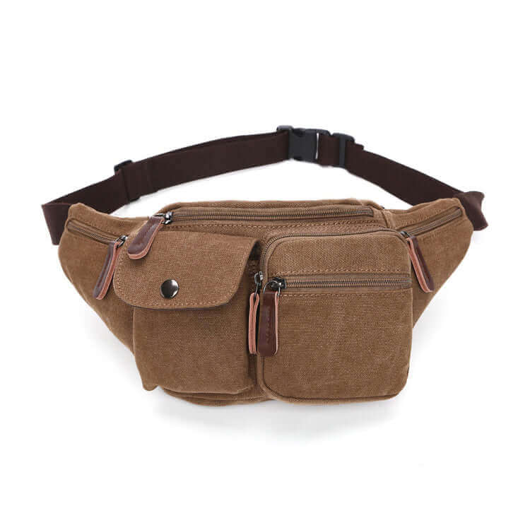 Size guide for men's canvas bum bag in coffee