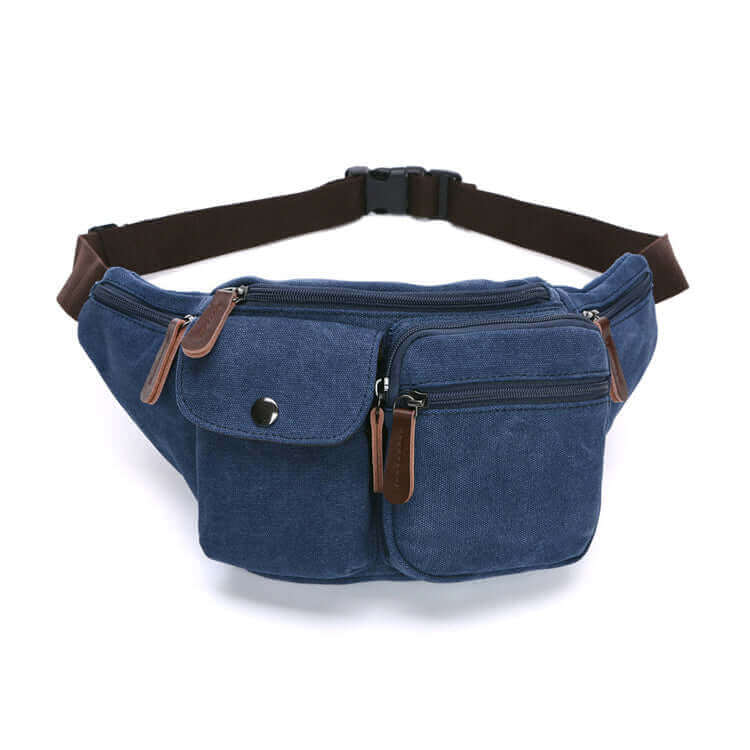 Spacious interior of men's canvas bum bag in blue