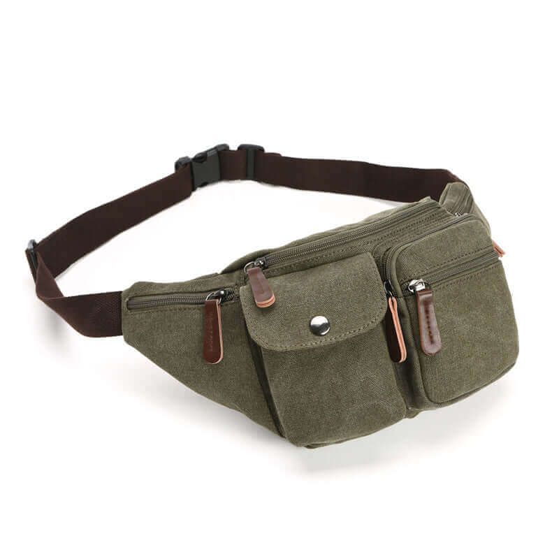 Men's canvas bum bag showcasing storage capacity