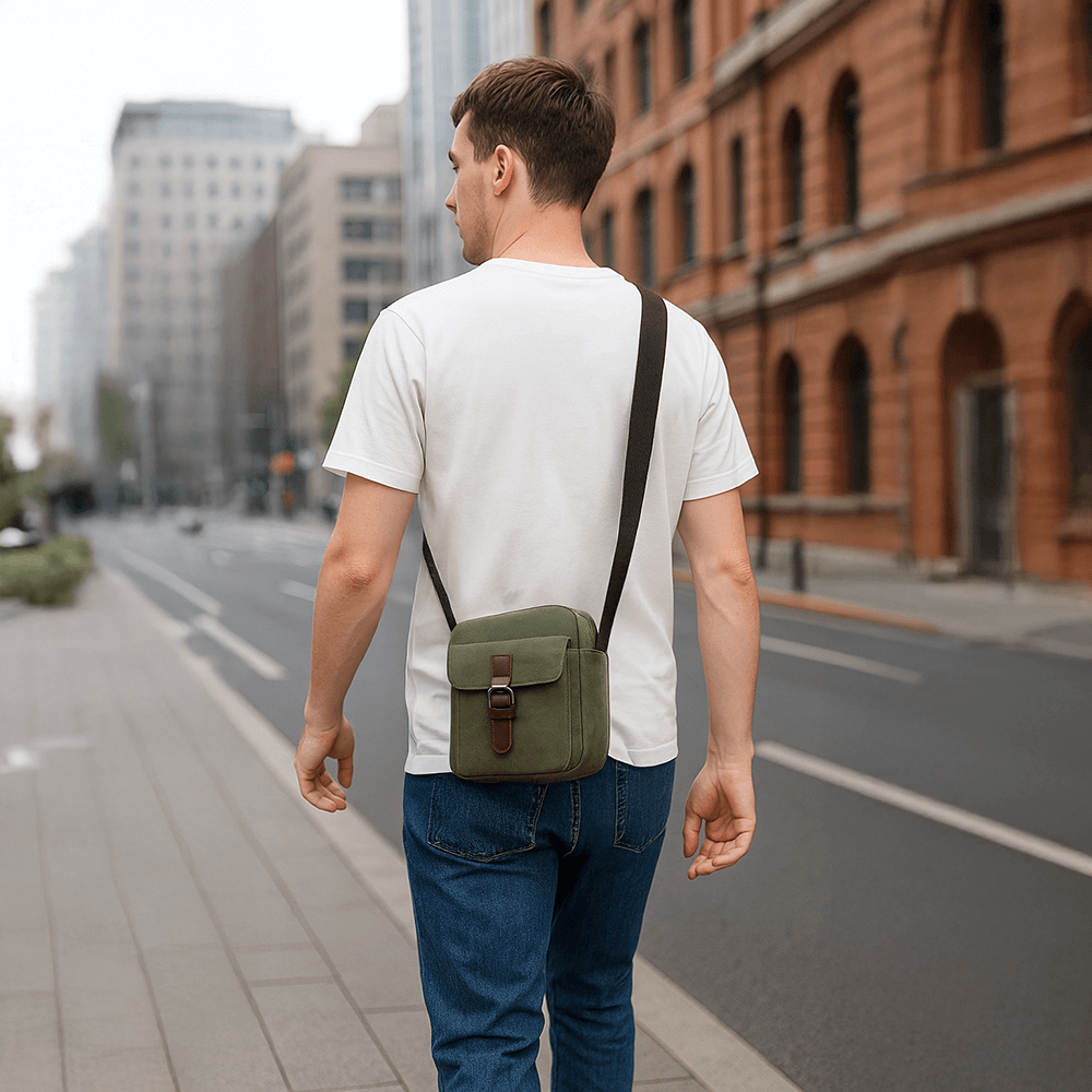 Green canvas crossbody bag for casual outings.