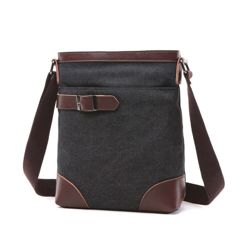 Men's canvas crossbody bag with leather trim, ideal for daily use.