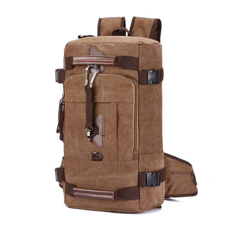 Men's canvas duffle backpack in coffee, made from washed canvas and PU leather.