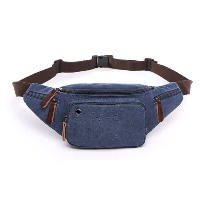 Men's canvas waist pack with multiple zippered pockets for convenient storage.