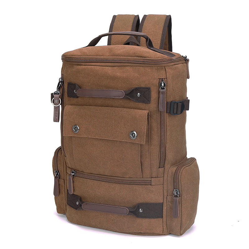 Men's coffee canvas laptop backpack with PU leather accents for a modern look."