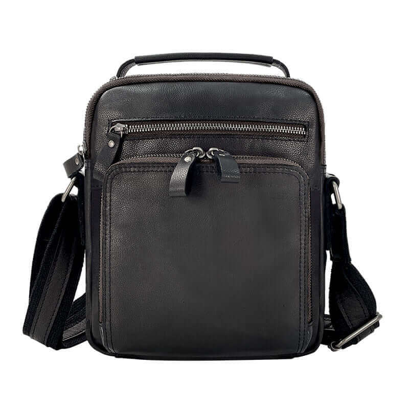 Front view of the men's black leather crossbody bag with a smooth, polished finish.